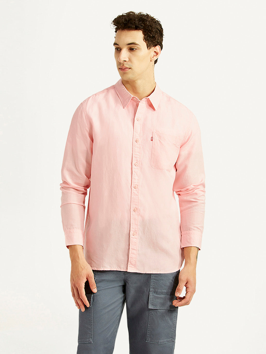 Men's Solid Light-Pink Slim Fit Linen Shirt - Front View