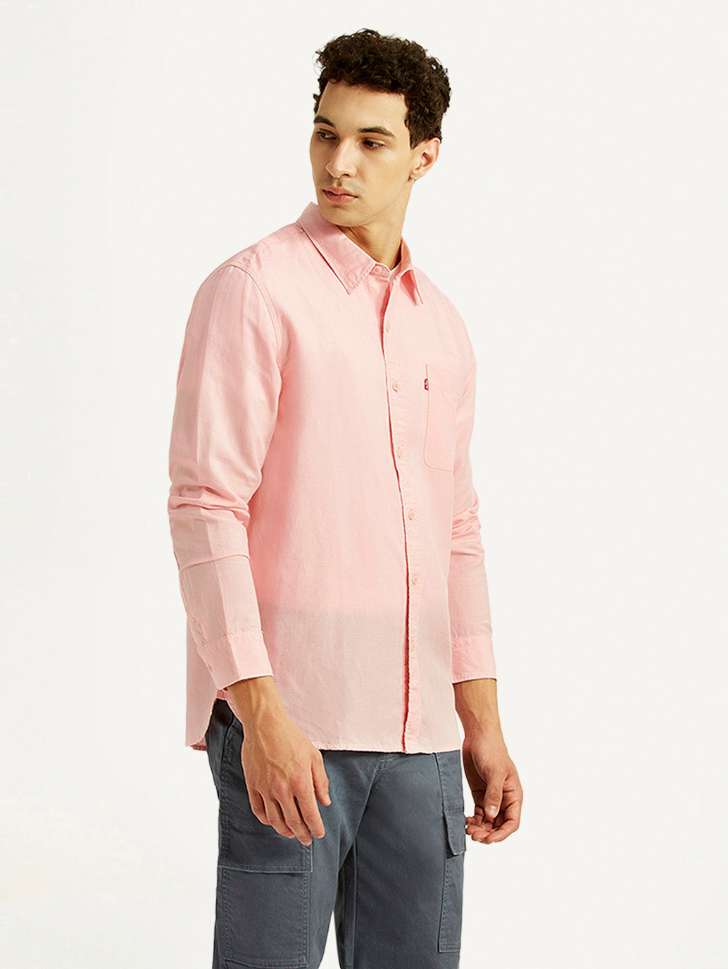 Men's Solid Light-Pink Slim Fit Linen Shirt - Side View