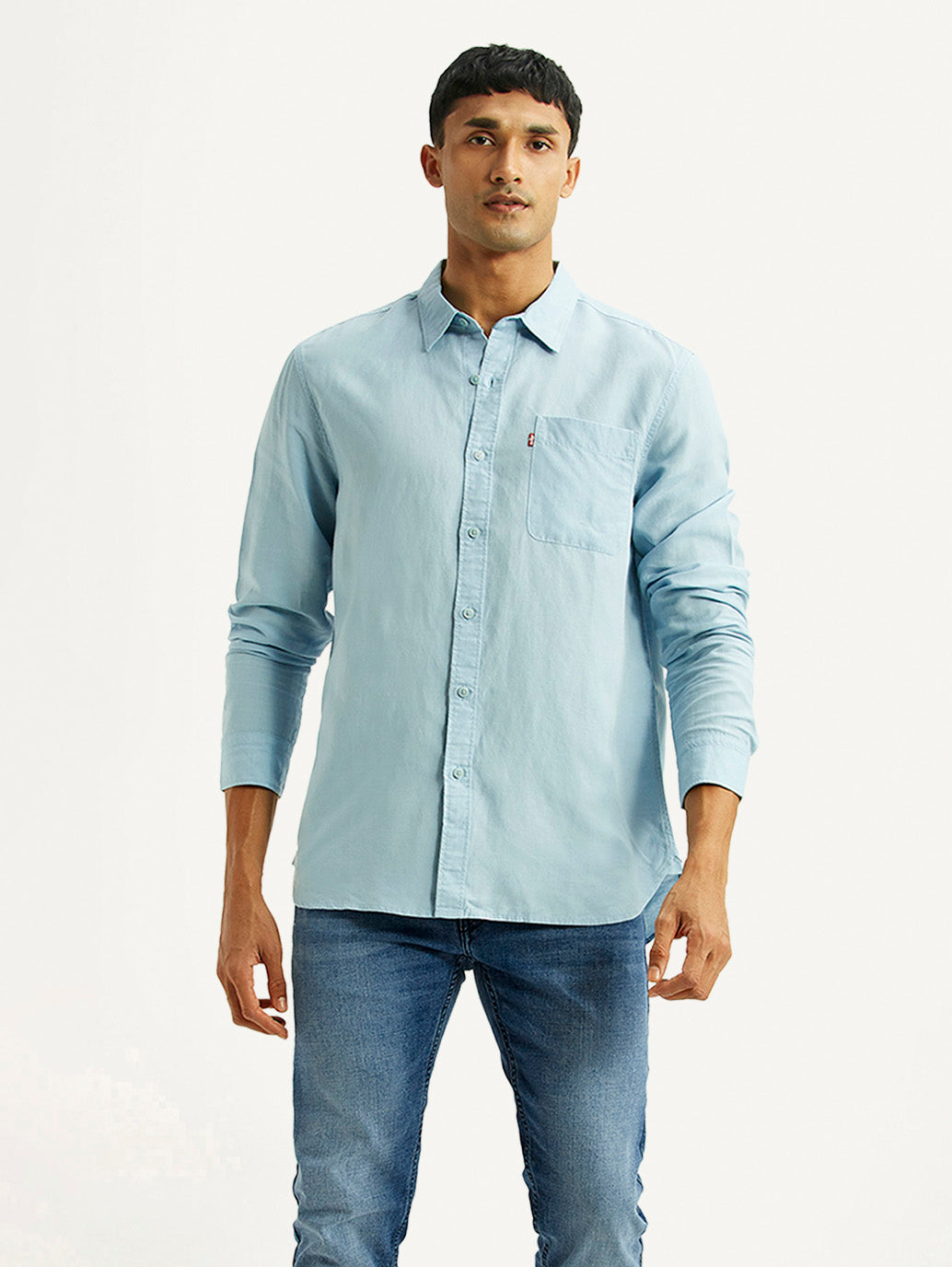 Men's Solid Light Blue Slim Fit Linen Shirt - Styleshot View