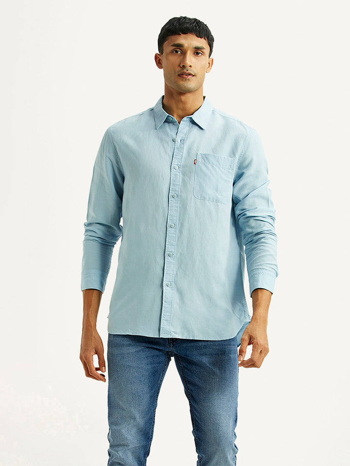 Men's Solid Light Blue Slim Fit Linen Shirt