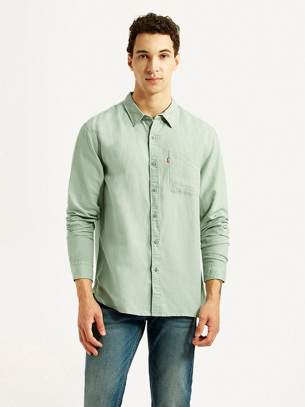 Men's Solid Light Green Slim Fit Linen Shirt - Front View