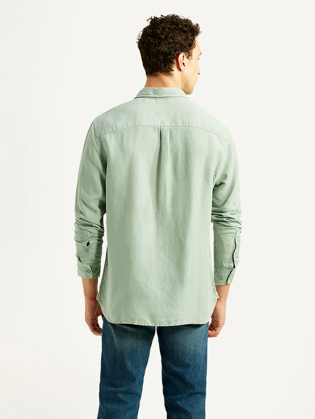 Men's Solid Light Green Slim Fit Linen Shirt - Back View