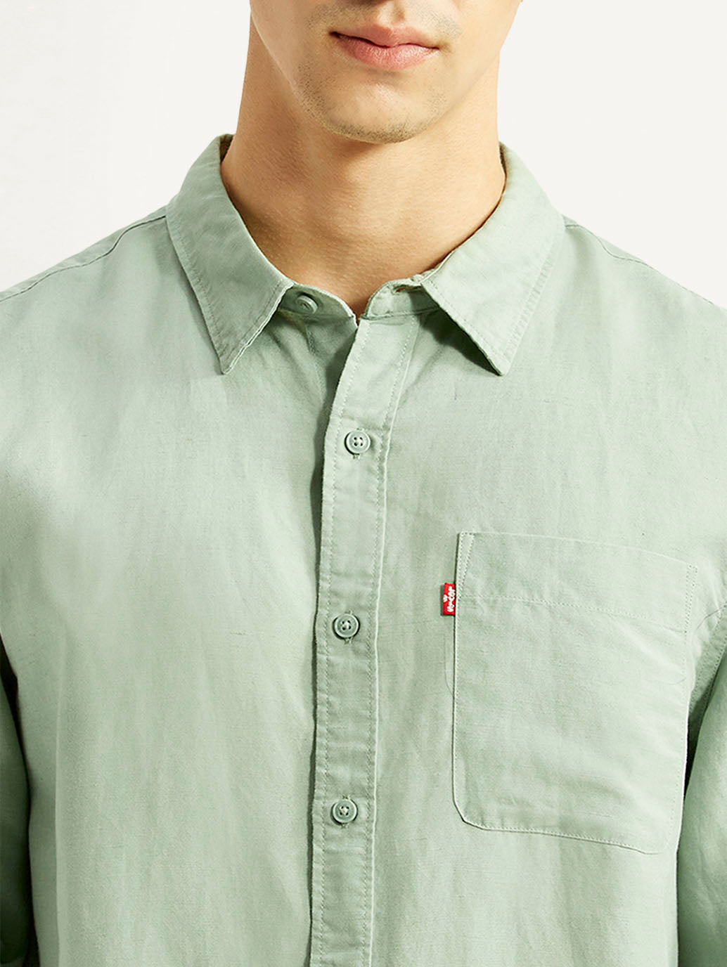 Men's Solid Light Green Slim Fit Linen Shirt - Detail View
