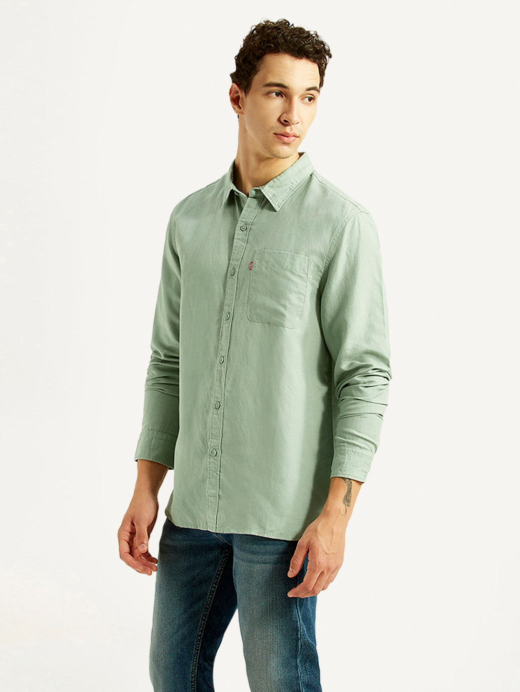 Men's Solid Light Green Slim Fit Linen Shirt - Side View