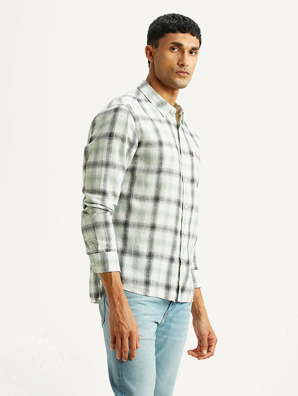Men's Checkered Multicolor Slim Fit Linen Shirt - Side View