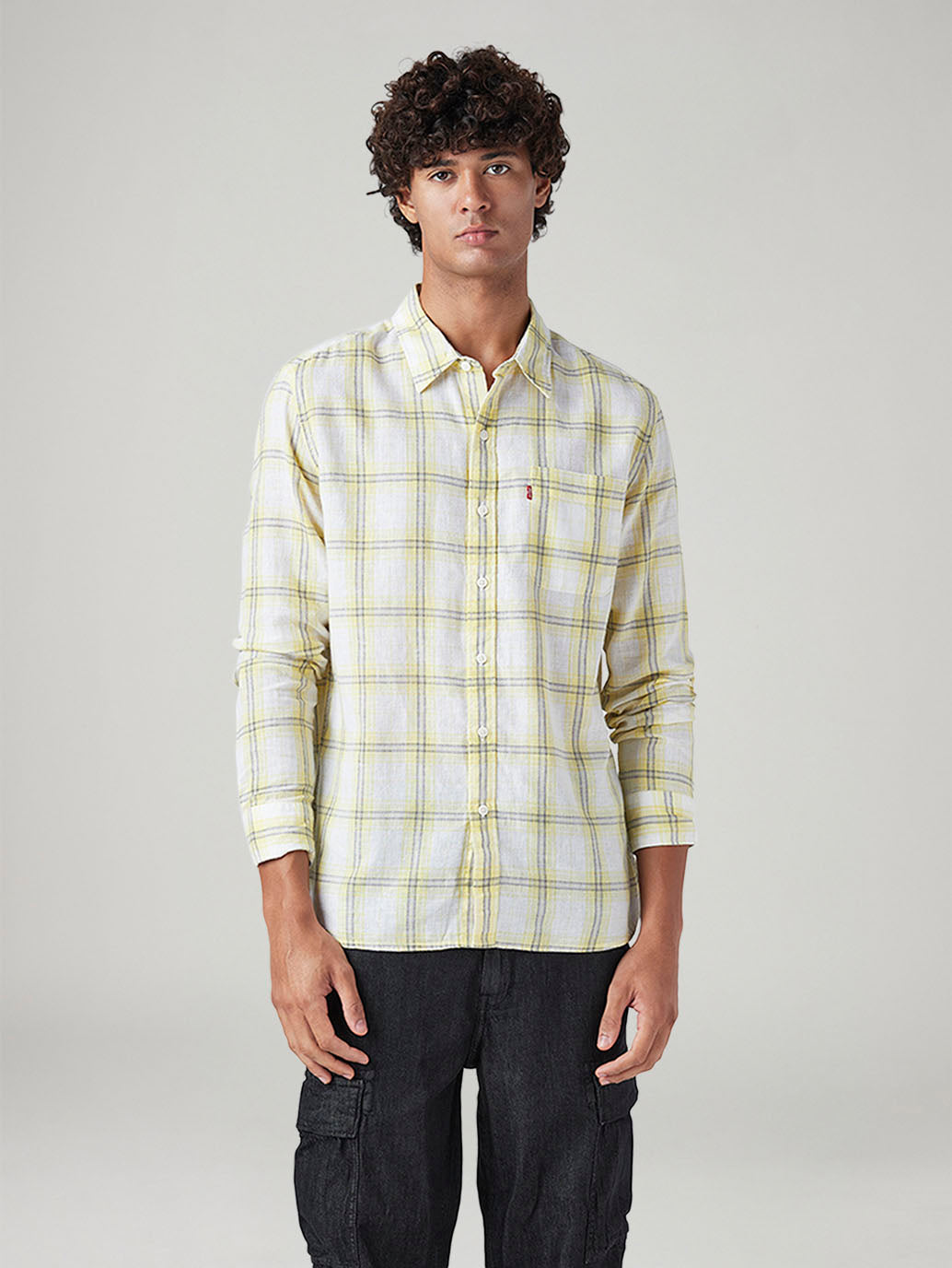 Men's Checkered Slim Fit Linen Shirt - Front View
