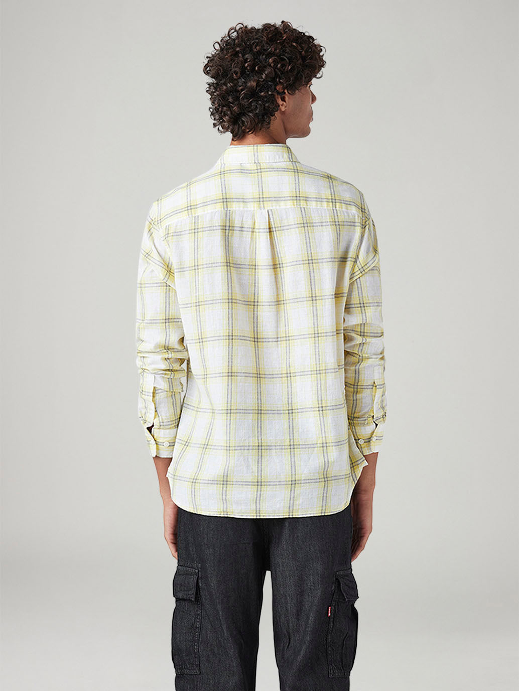 Men's Checkered Slim Fit Linen Shirt - Back View