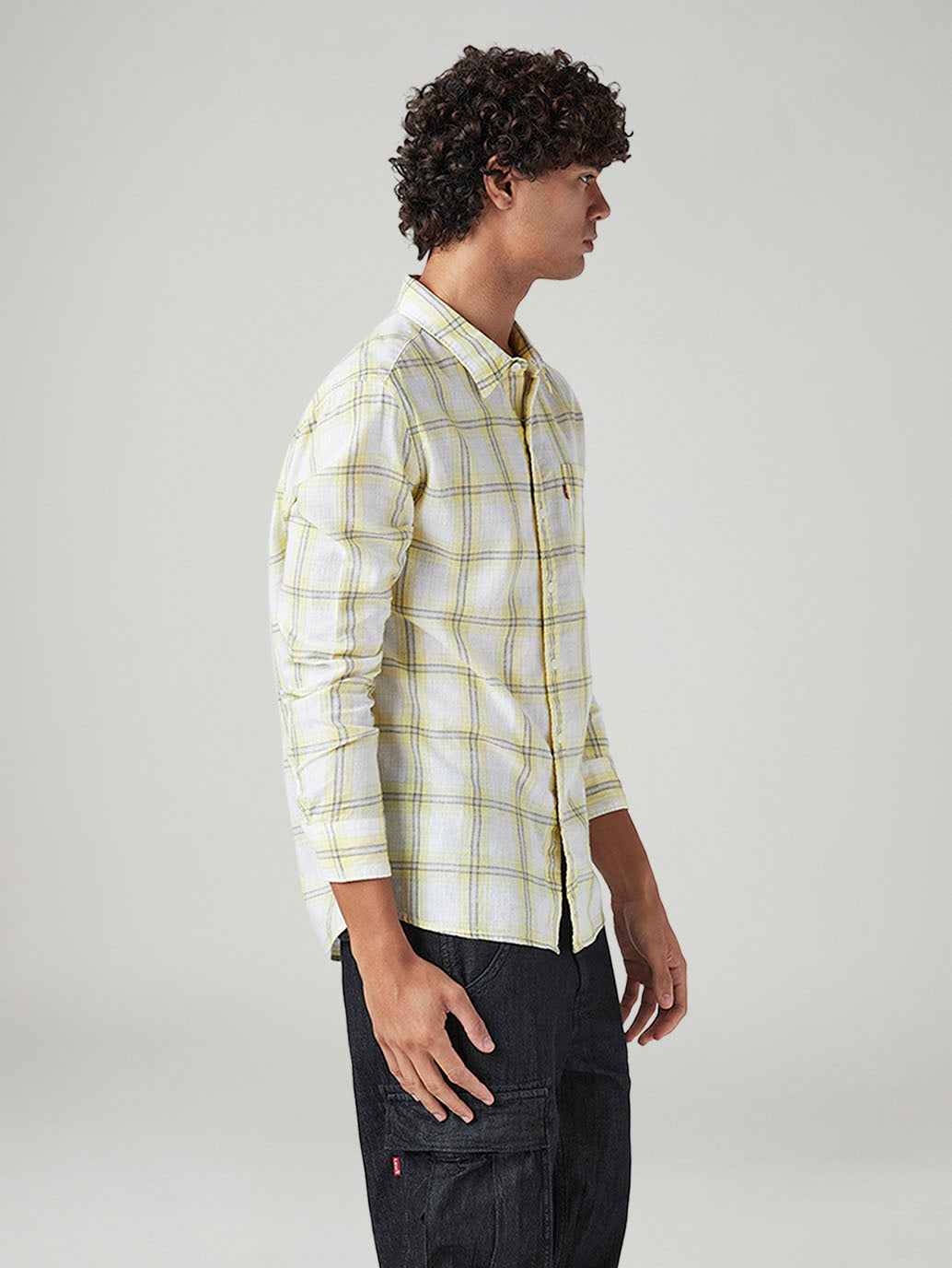 Men's Checkered Slim Fit Linen Shirt - Side View