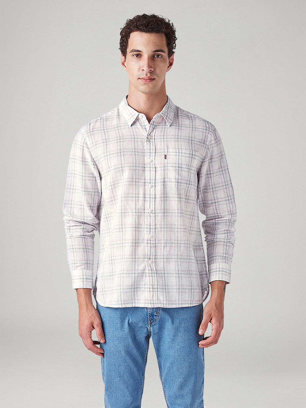 Men's Checkered Slim Fit Linen Shirt - Front View