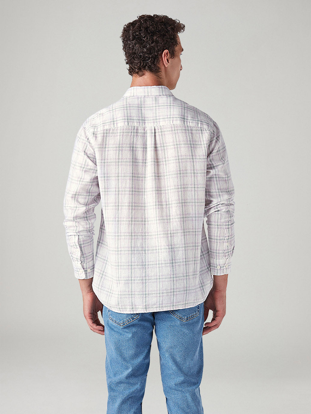 Men's Checkered Slim Fit Linen Shirt - Back View
