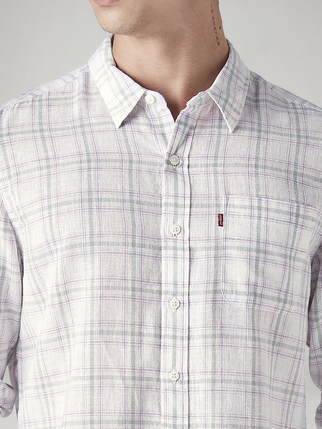 Men's Checkered Slim Fit Linen Shirt - Detail View