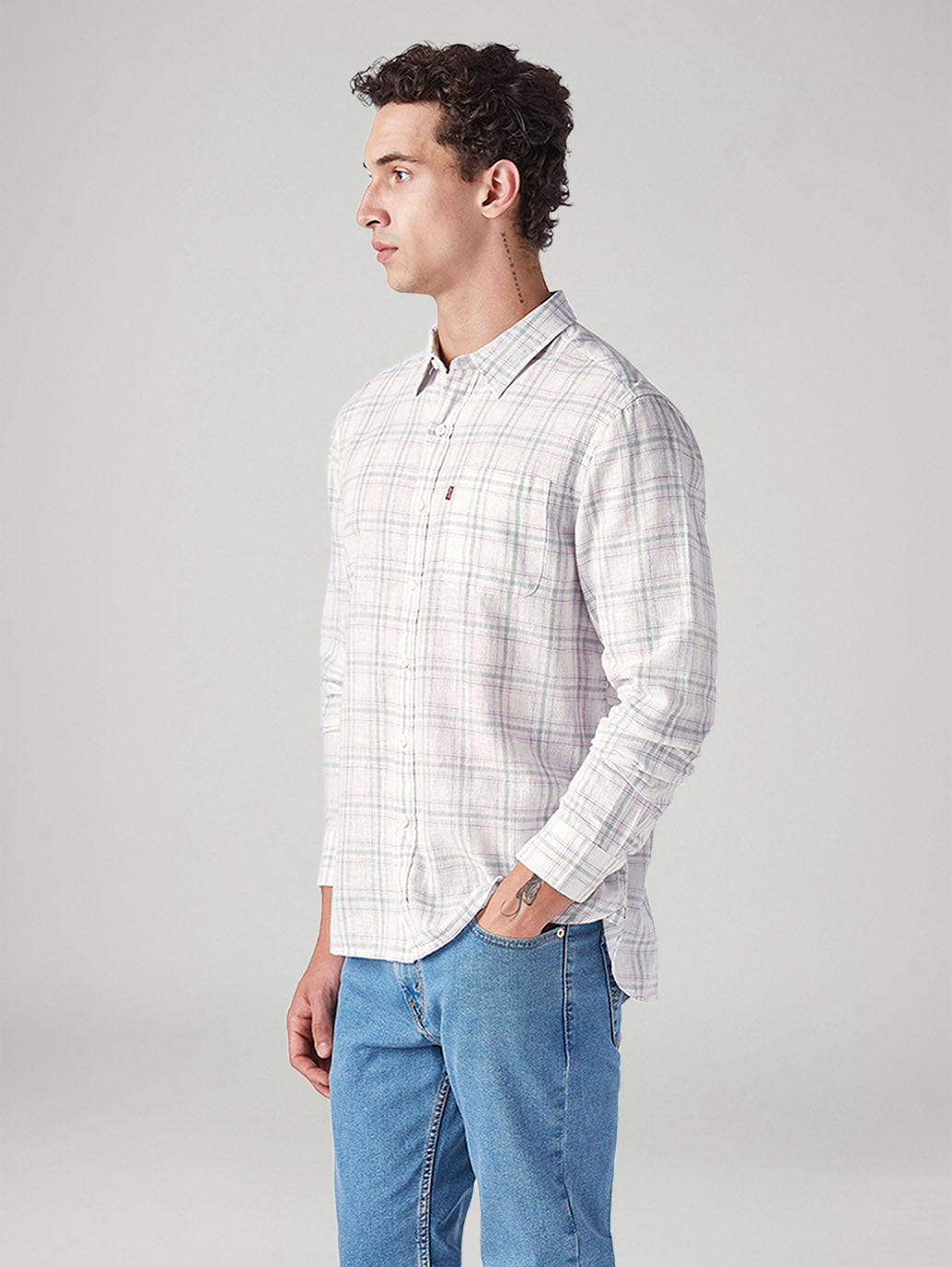 Men's Checkered Slim Fit Linen Shirt - Side View
