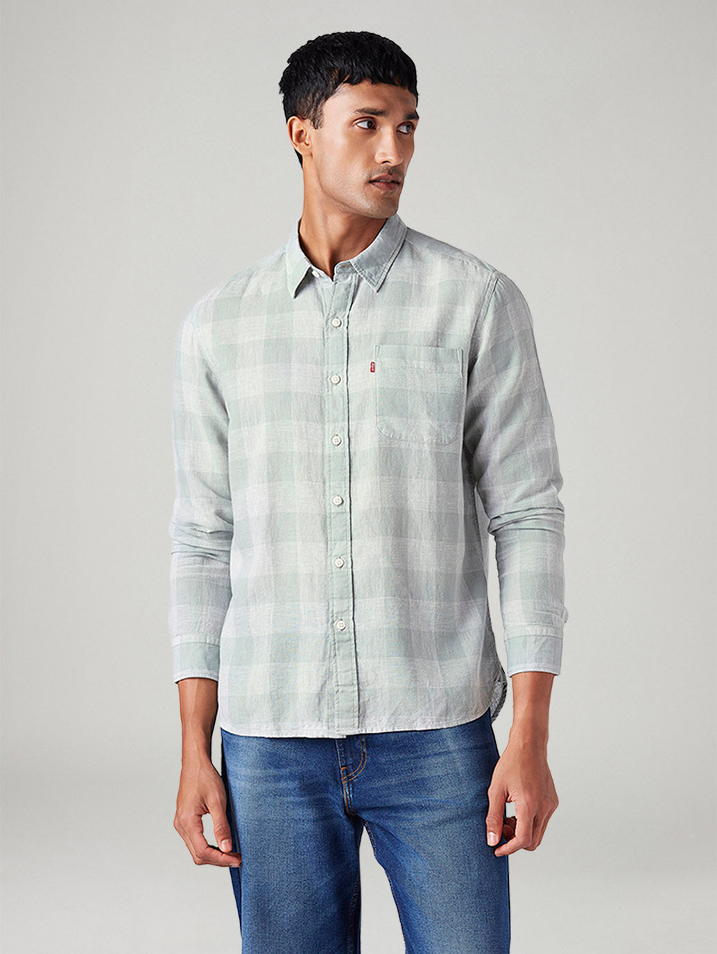 Men's Checkered Slim Fit Linen Shirt - Front View