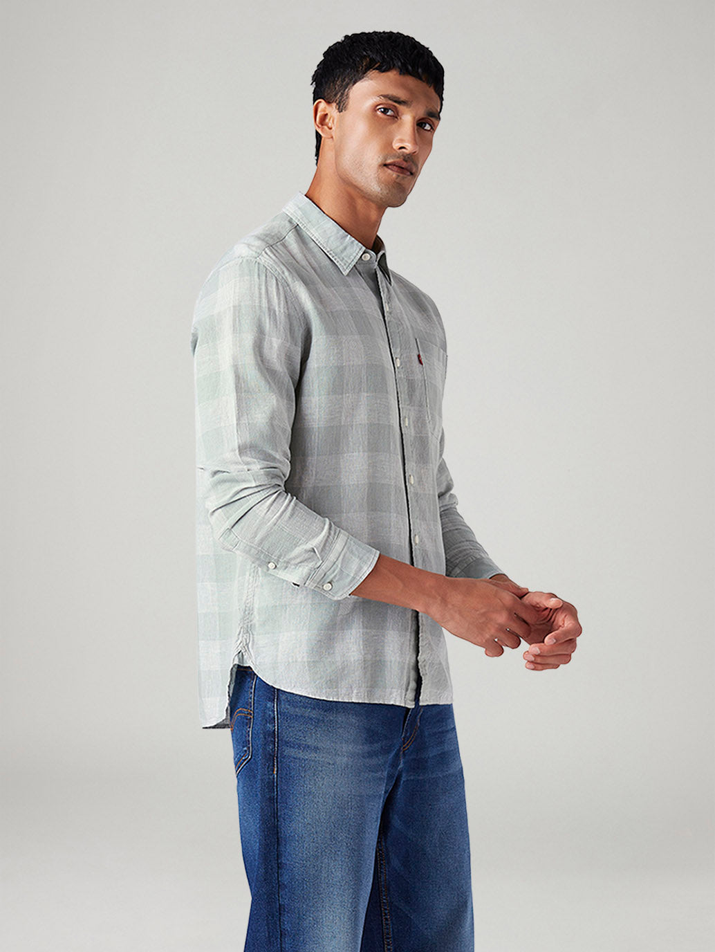 Men's Checkered Slim Fit Linen Shirt - Side View