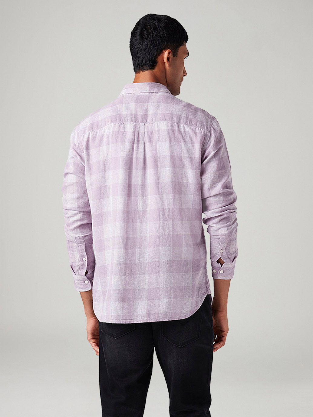 Men's Checkered Slim Fit Linen Shirt - Back View