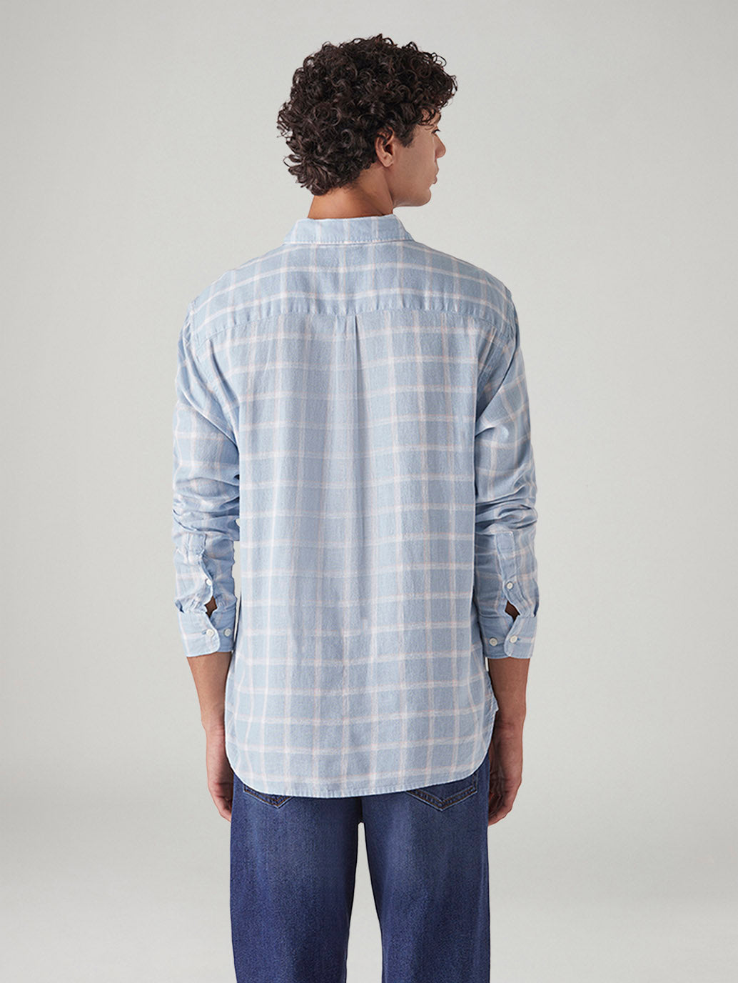 Men's Checkered Slim Fit Linen Shirt - Back View