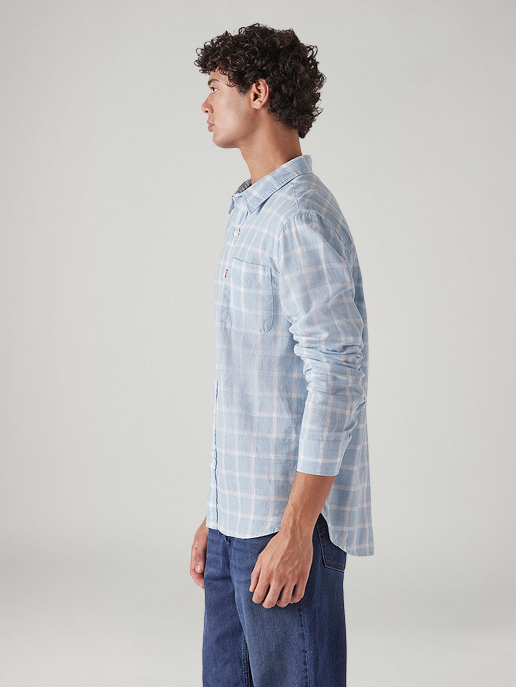 Men's Checkered Slim Fit Linen Shirt - Side View