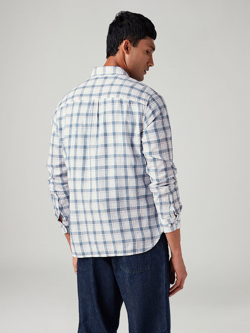 Men's Checkered Slim Fit Linen Shirt - Back View
