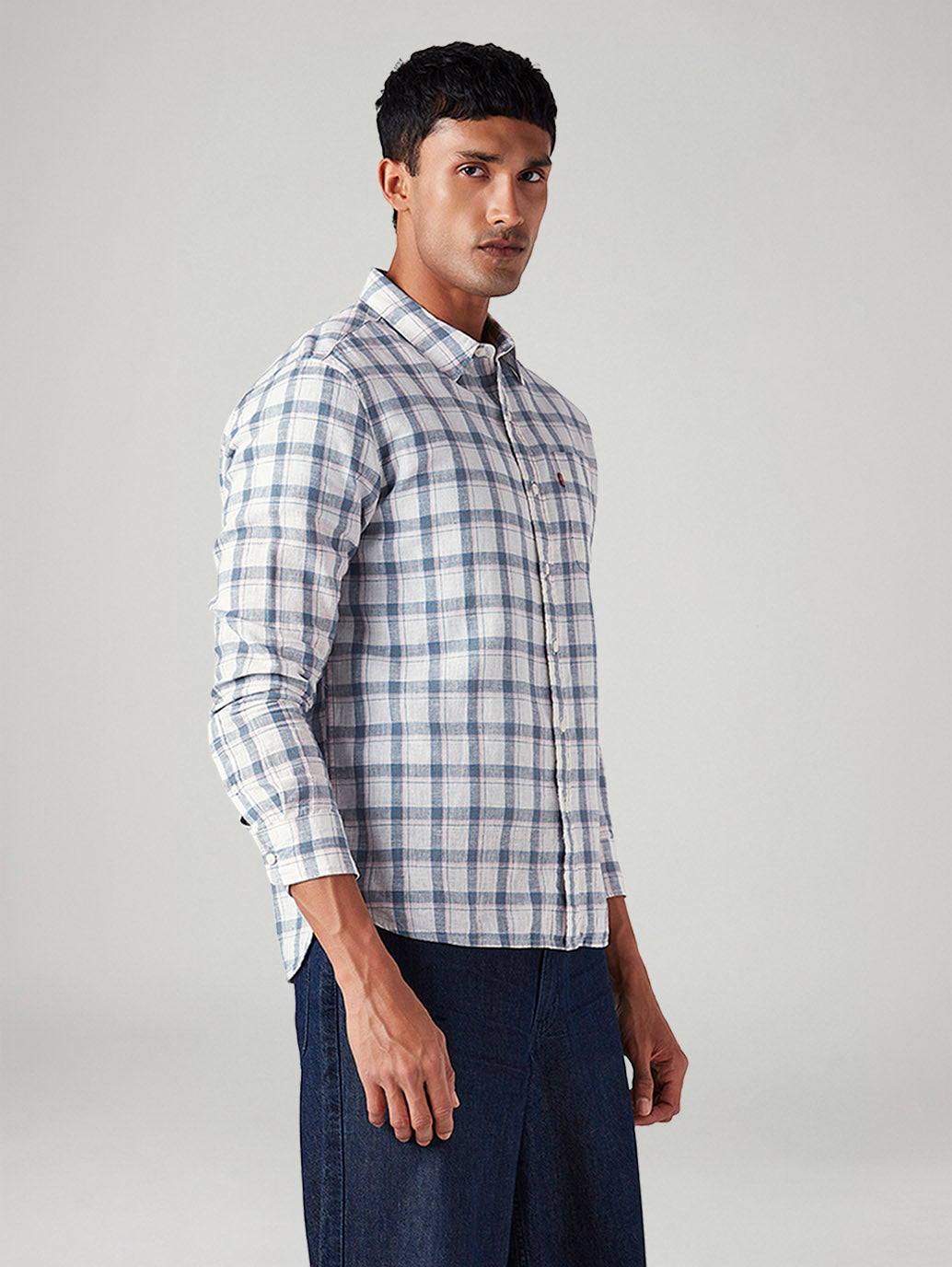 Men's Checkered Slim Fit Linen Shirt - Side View