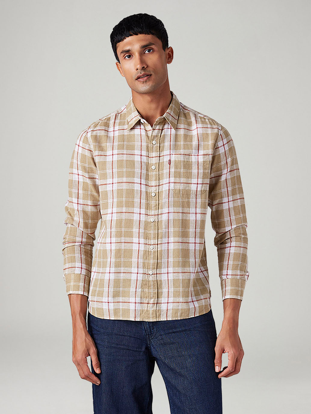 Men's Checkered Slim Fit Linen Shirt - Front View