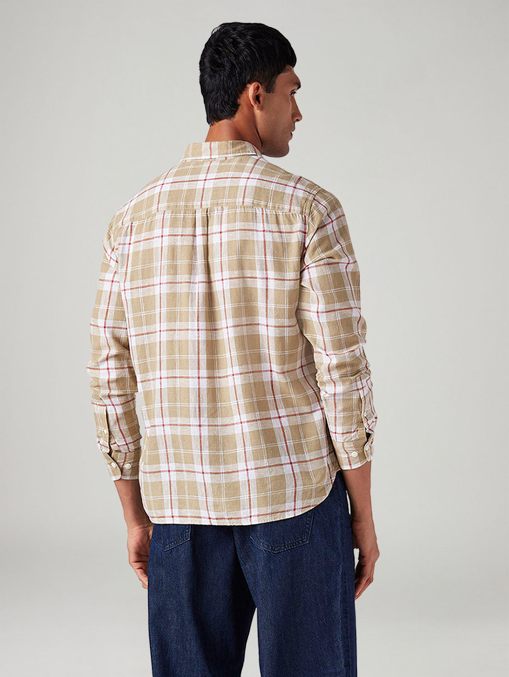 Men's Checkered Slim Fit Linen Shirt - Back View
