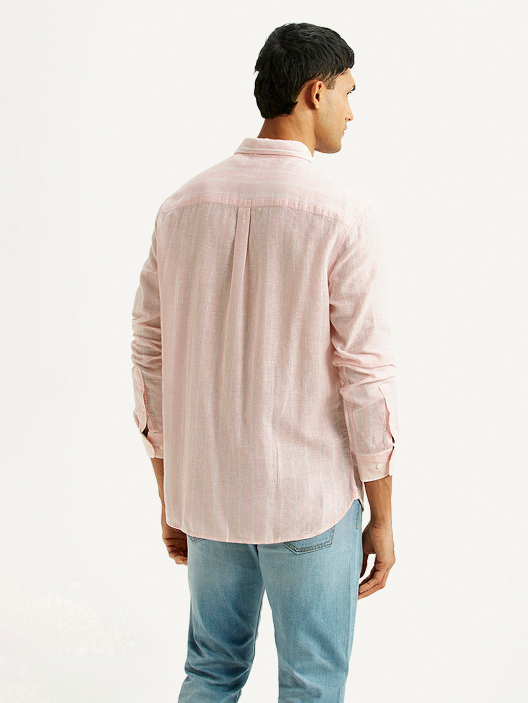 Men's Striped Light Pink Slim Fit Linen Shirt - Back View