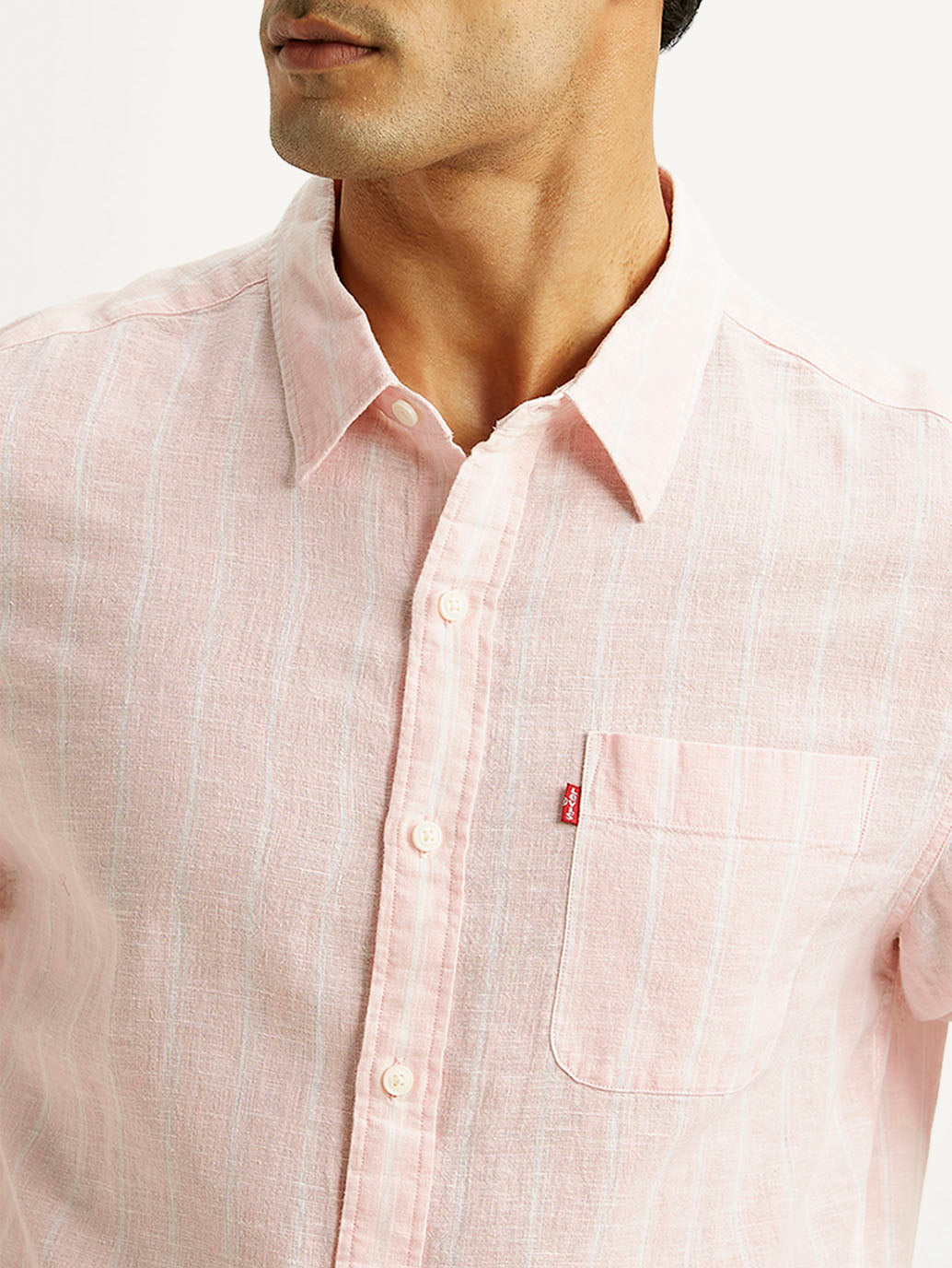 Men's Striped Light Pink Slim Fit Linen Shirt - Detail View
