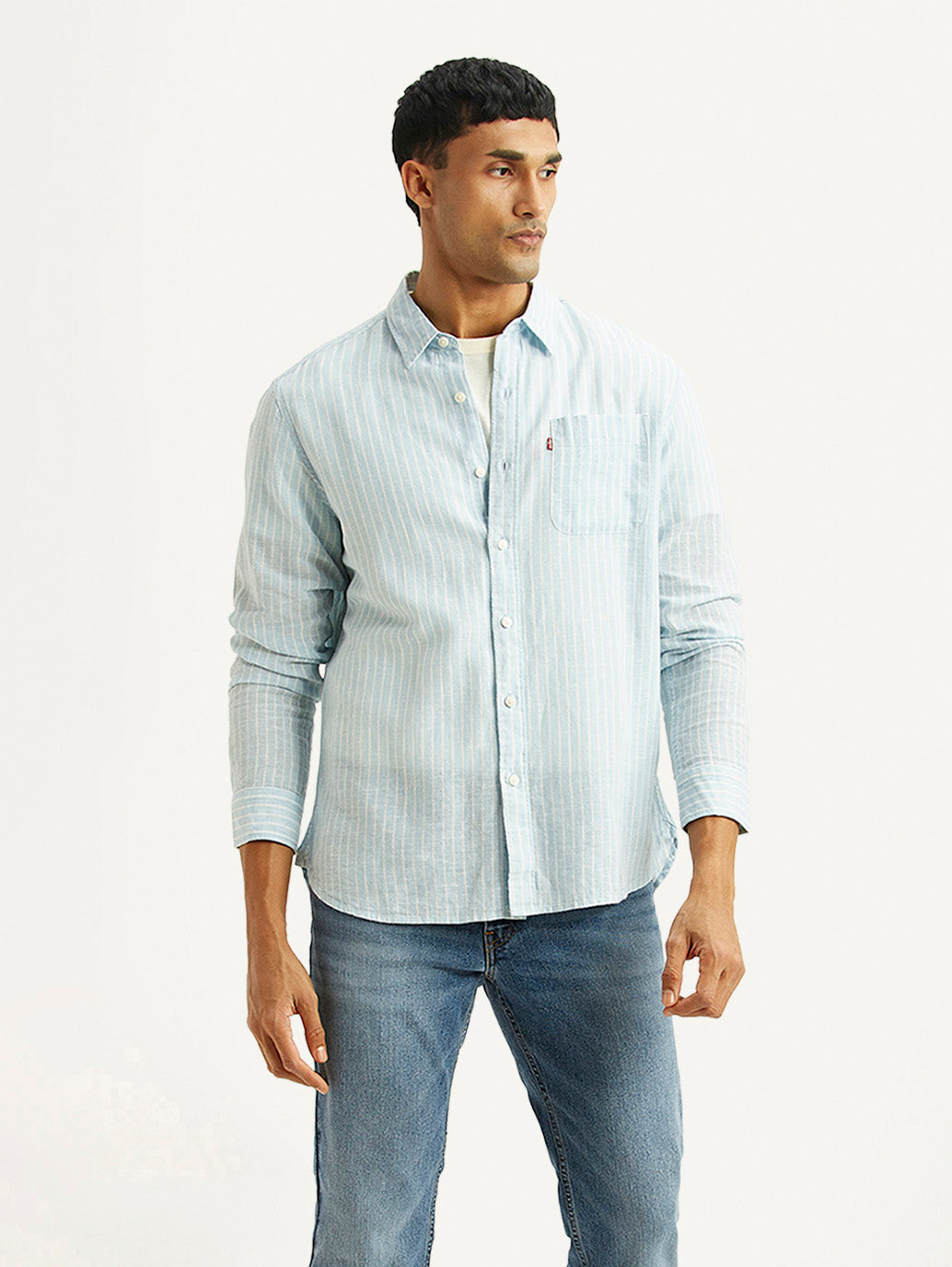 Men's Striped Light Blue Slim Fit Linen Shirt