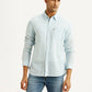 Men's Striped Light Blue Slim Fit Linen Shirt - Front View