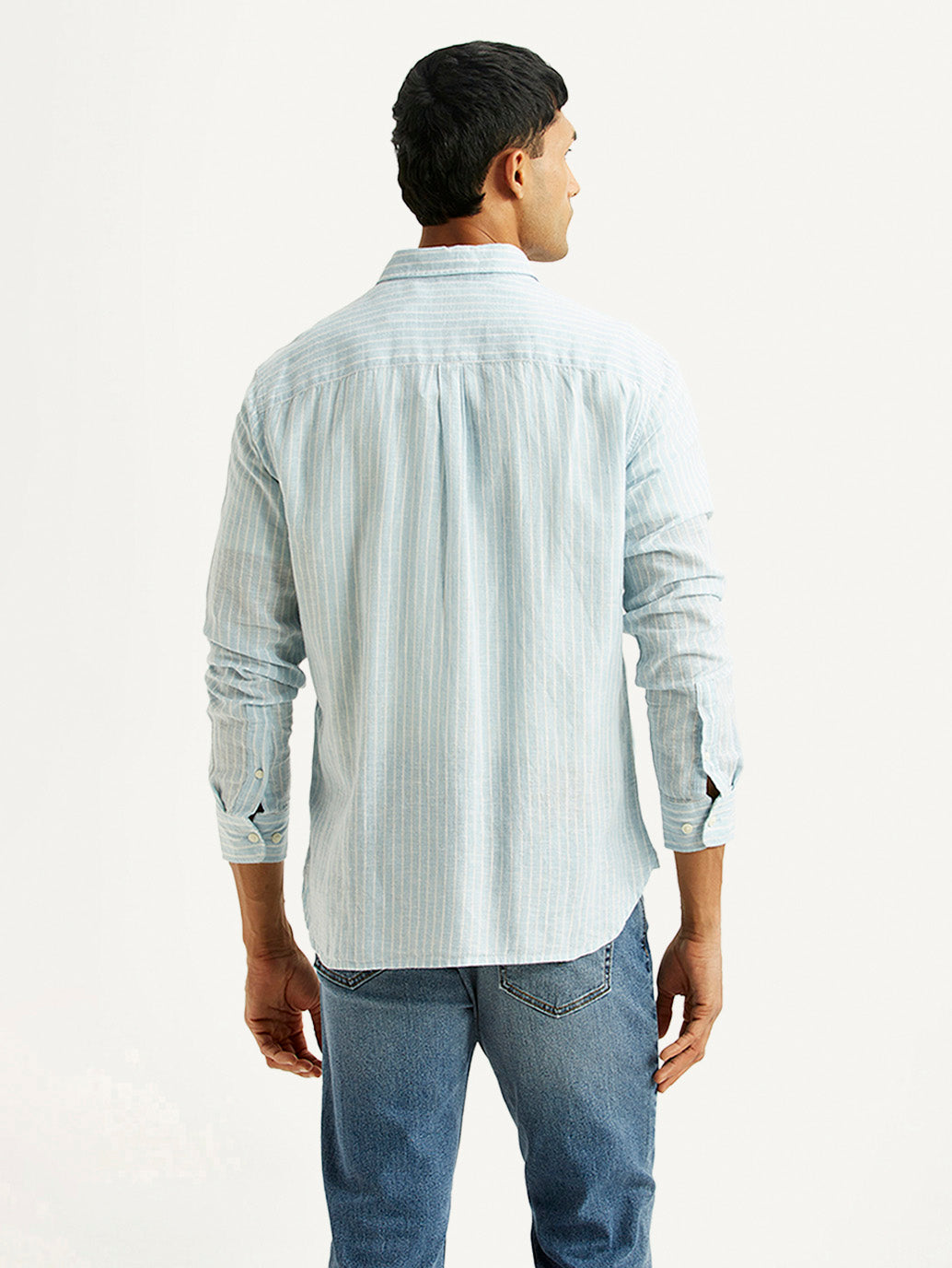 Men's Striped Light Blue Slim Fit Linen Shirt - Back View