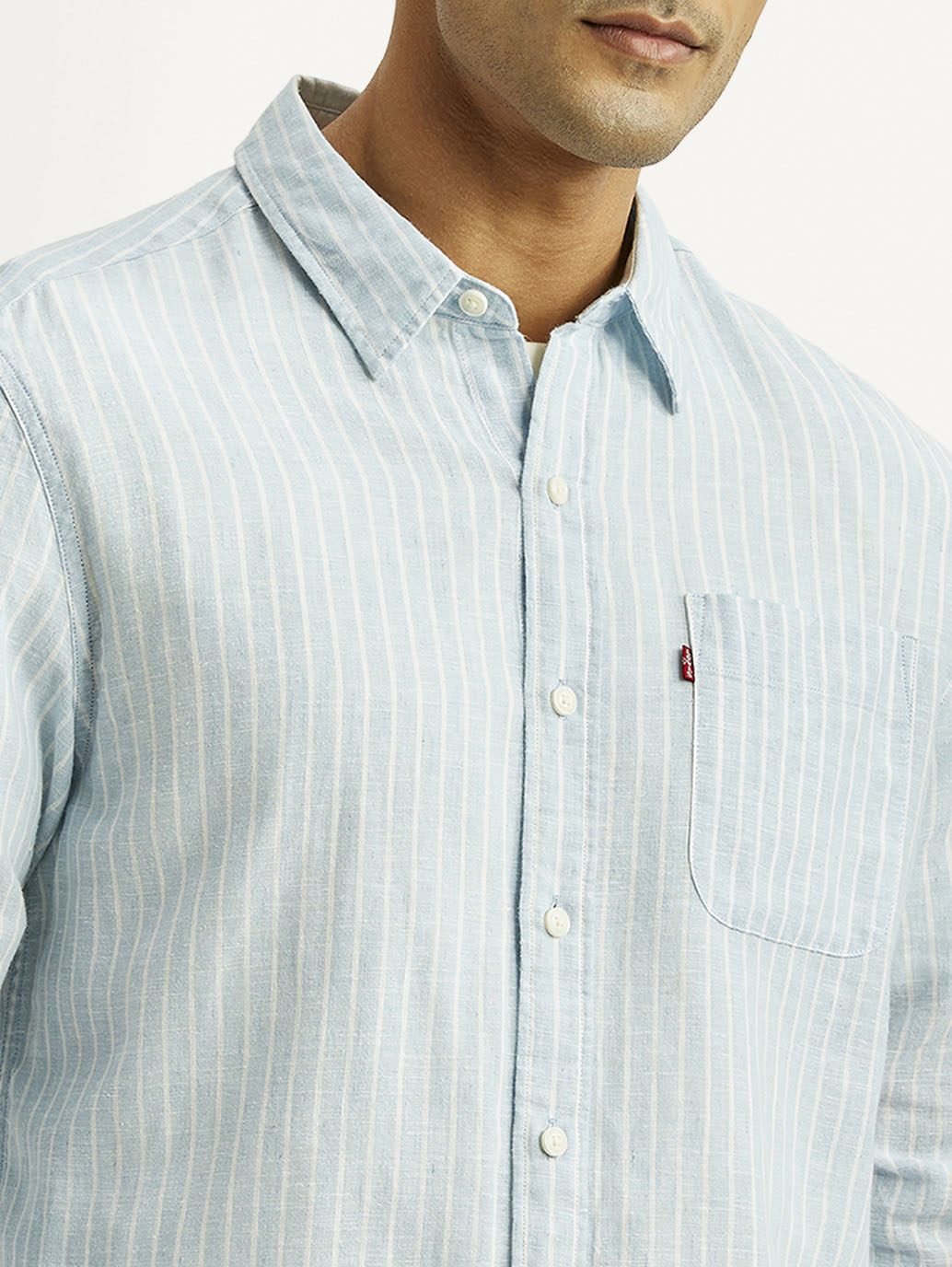 Men's Striped Light Blue Slim Fit Linen Shirt - Detail View