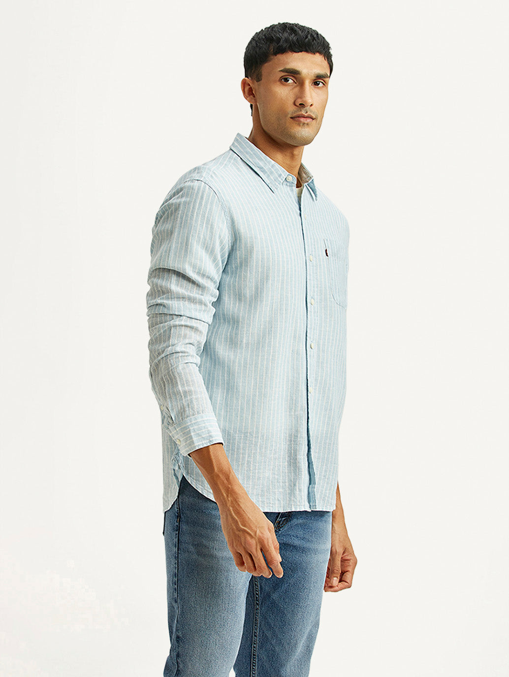 Men's Striped Light Blue Slim Fit Linen Shirt - Side View