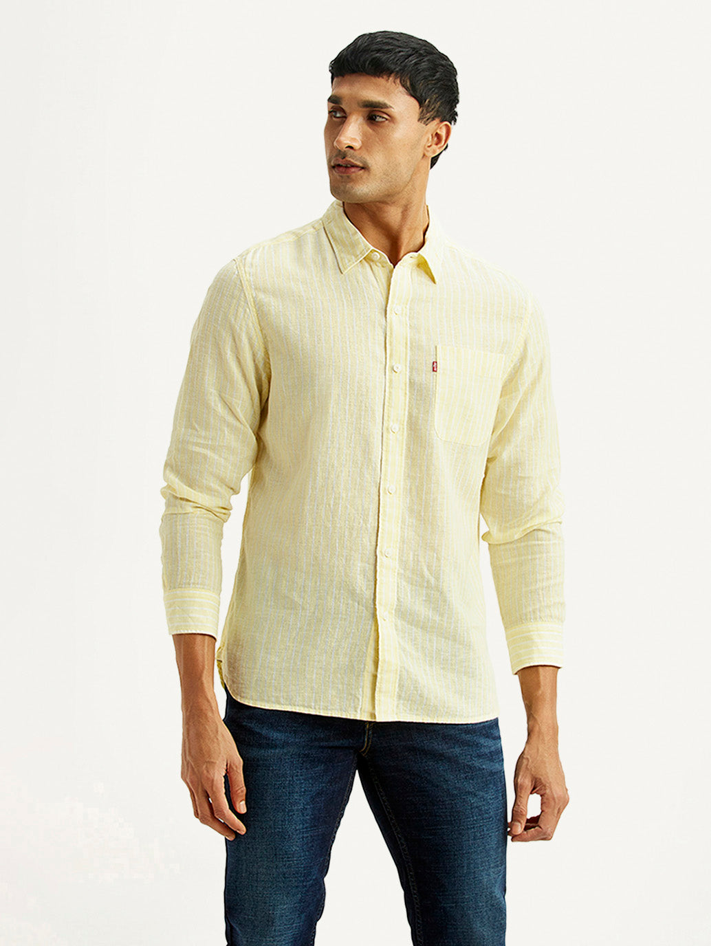 Men's Striped Yellow Slim Fit Linen Shirt - Front View