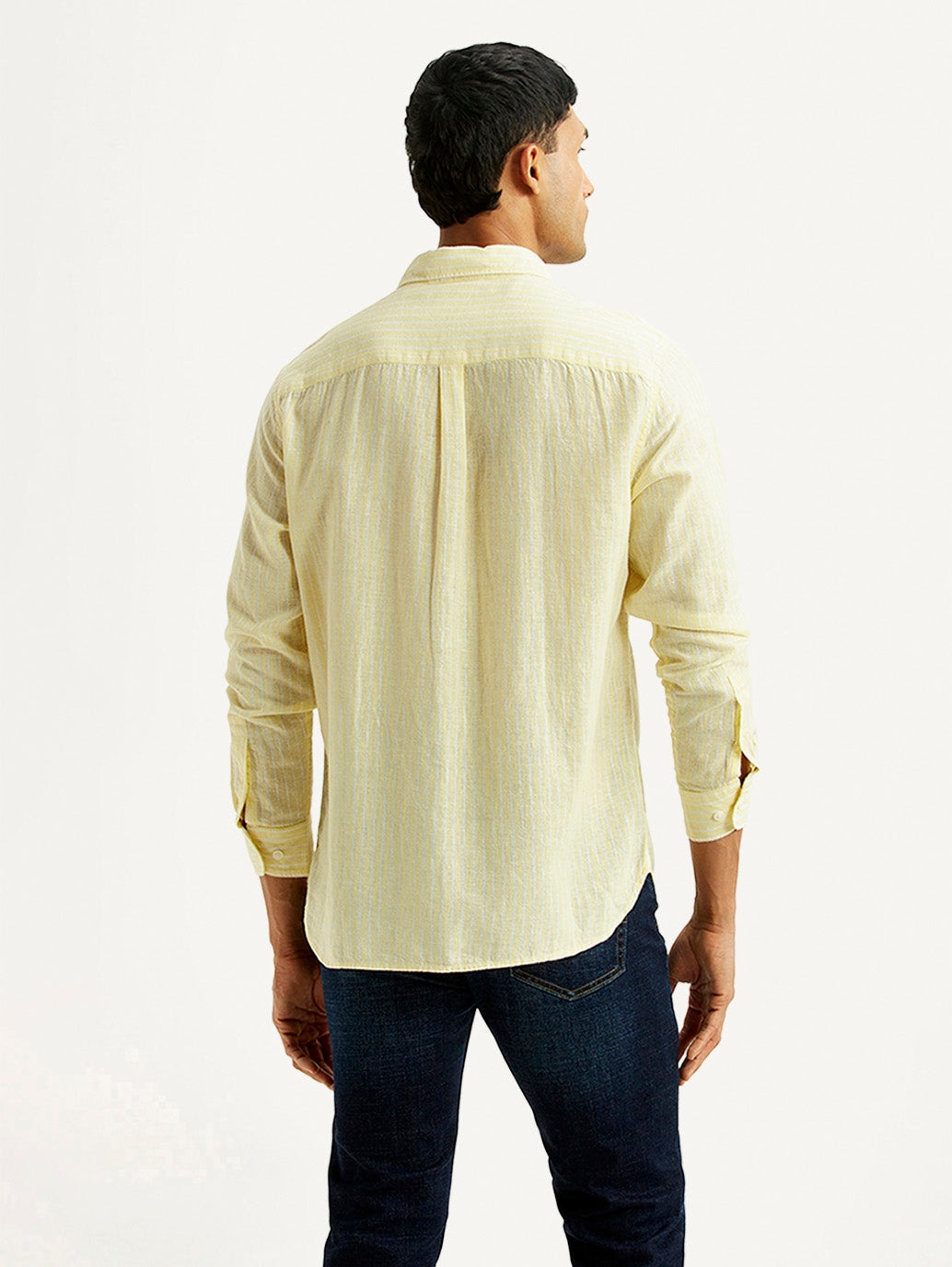 Men's Striped Yellow Slim Fit Linen Shirt - Back View