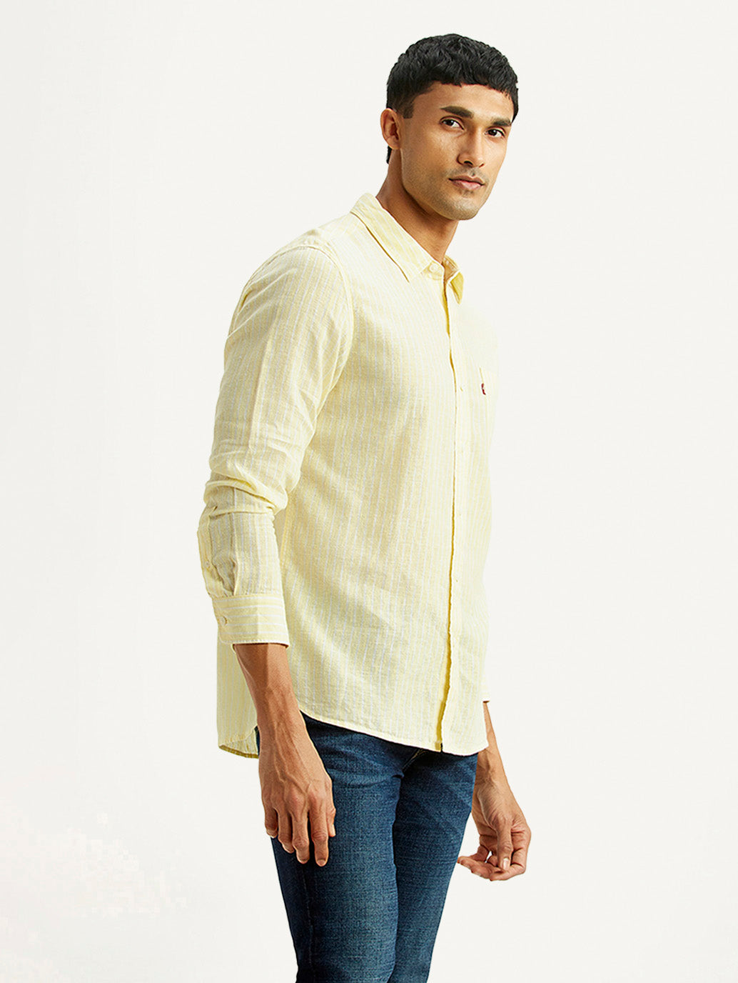 Men's Striped Yellow Slim Fit Linen Shirt - Side View