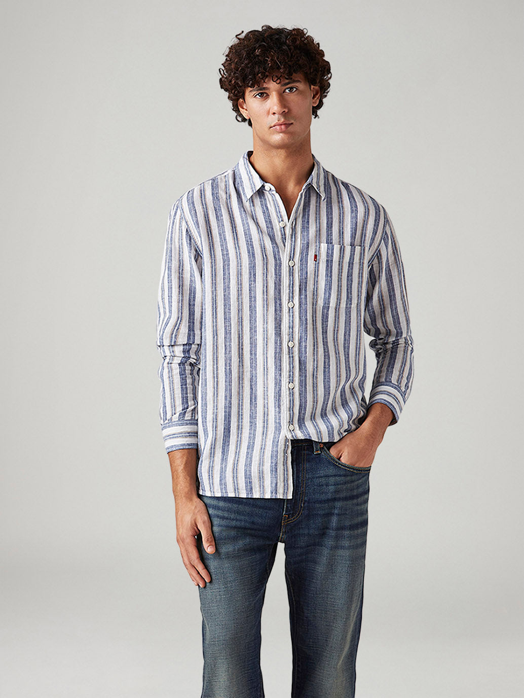 Men's Striped Slim Fit Linen Shirt - Styleshot View