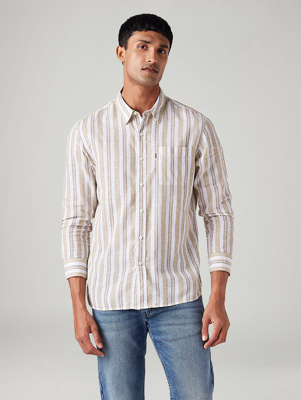 Men's Striped Slim Fit Linen Shirt - Front View