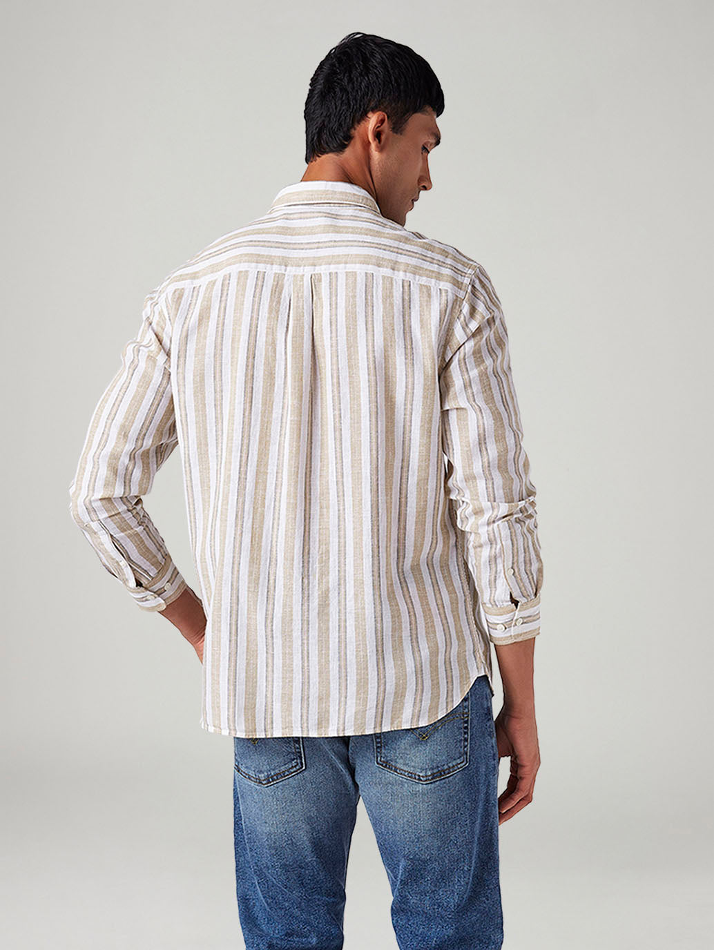 Men's Striped Slim Fit Linen Shirt - Back View