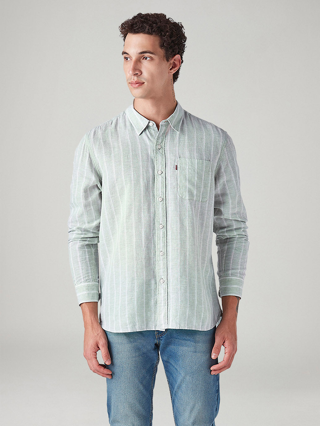 Men's Striped Slim Fit Linen Shirt - Front View