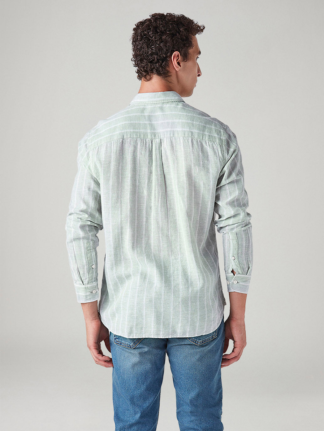 Men's Striped Slim Fit Linen Shirt - Back View