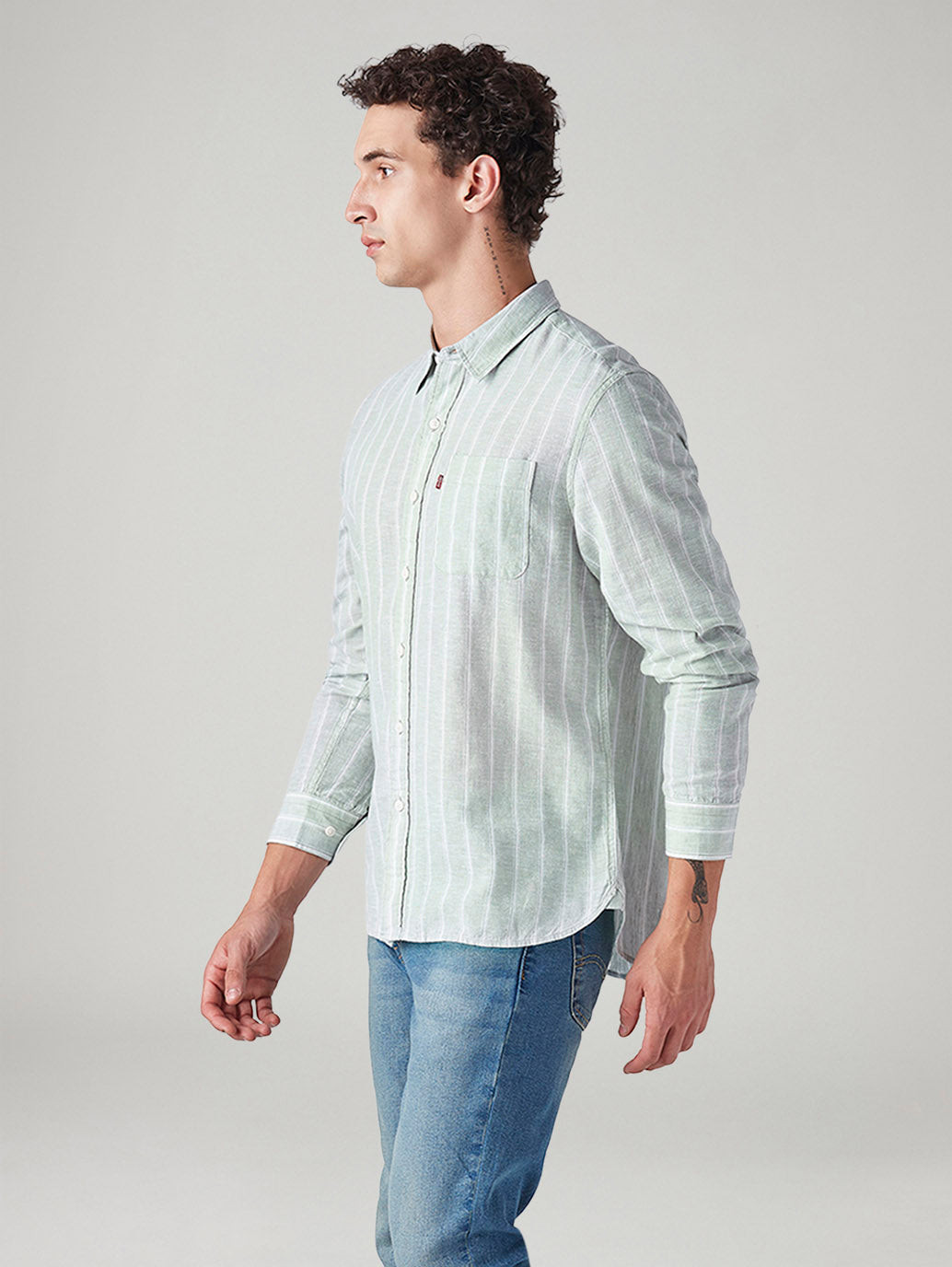 Men's Striped Slim Fit Linen Shirt - Side View