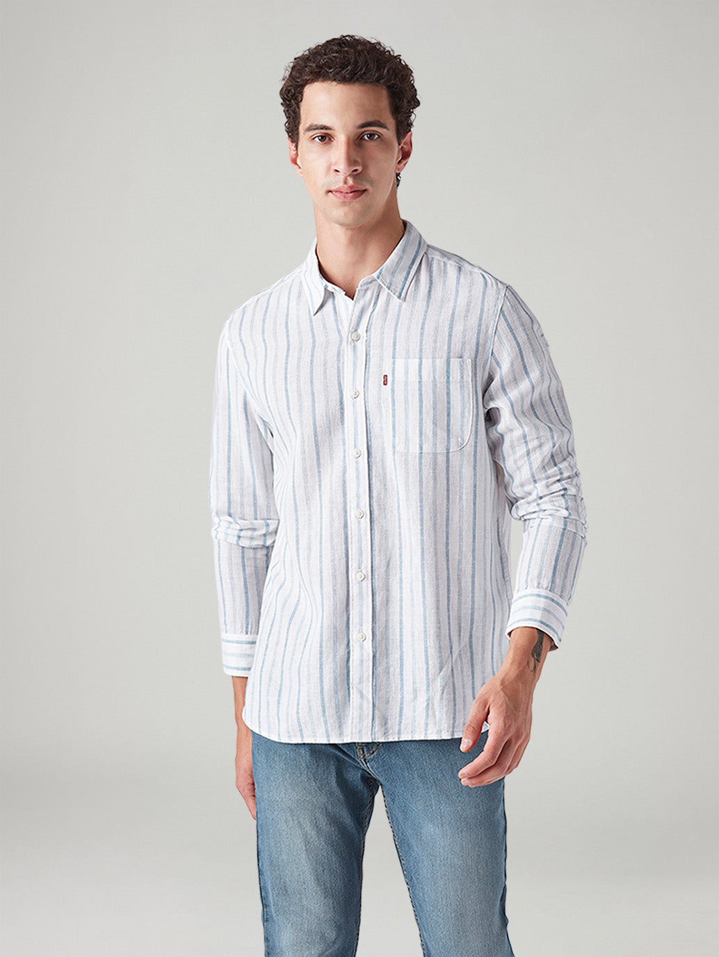 Men's Striped Slim Fit Linen Shirt - Front View