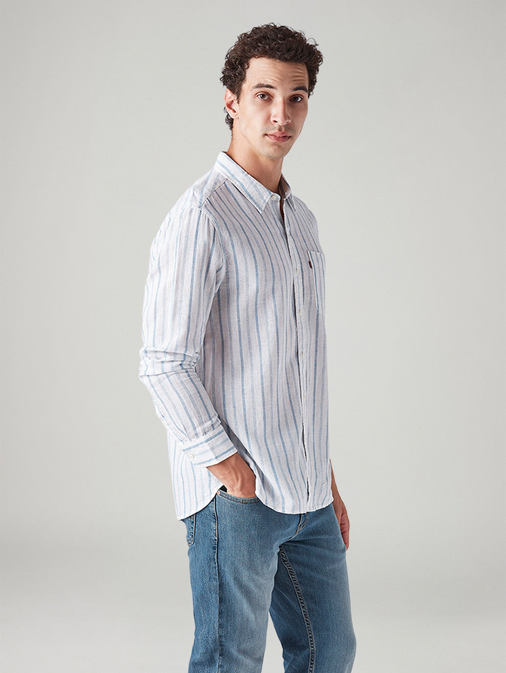 Men's Striped Slim Fit Linen Shirt - Side View