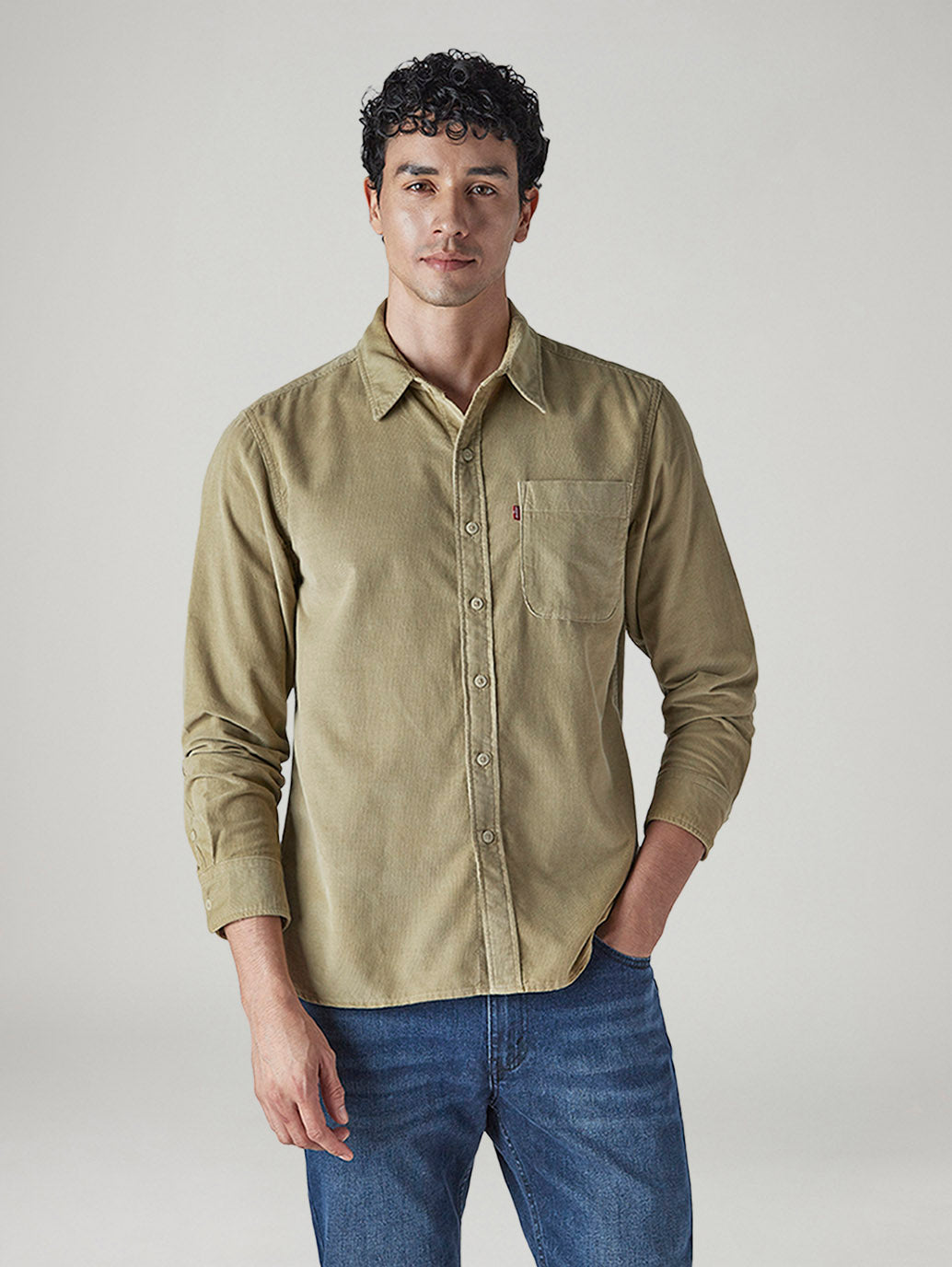 Men's Solid Slim Fit Corduroy Shirt - Front View