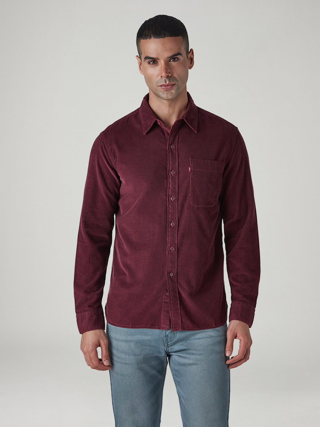 Men's Solid Slim Fit Corduroy Shirt - Front View