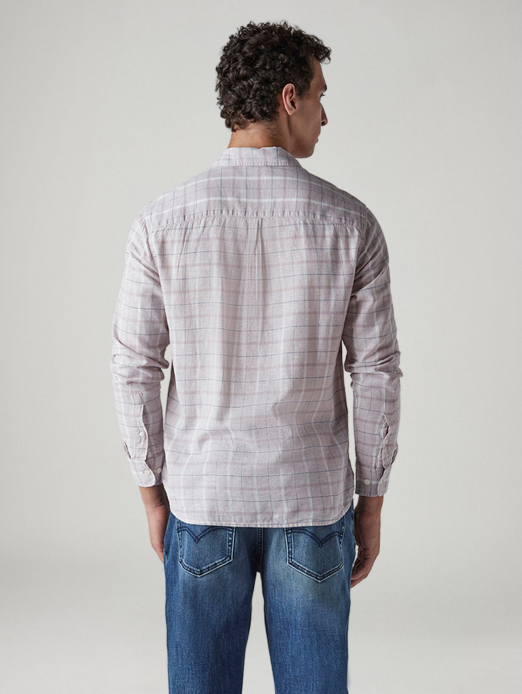 Men's Checkered Slim Fit Linen Shirt - Back View