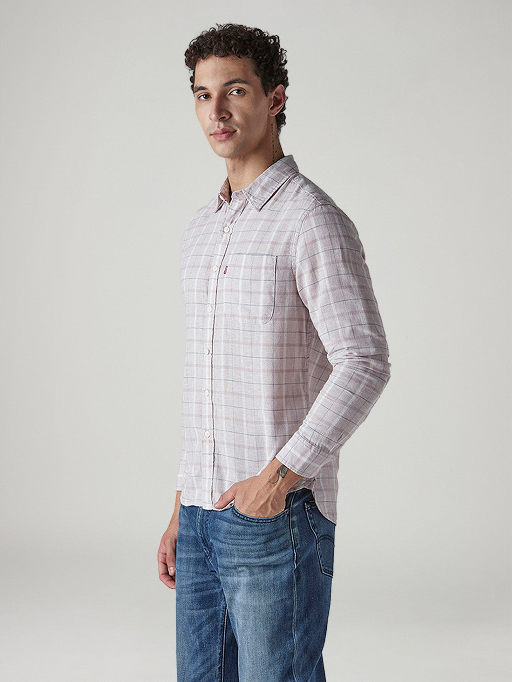Men's Checkered Slim Fit Linen Shirt - Side View