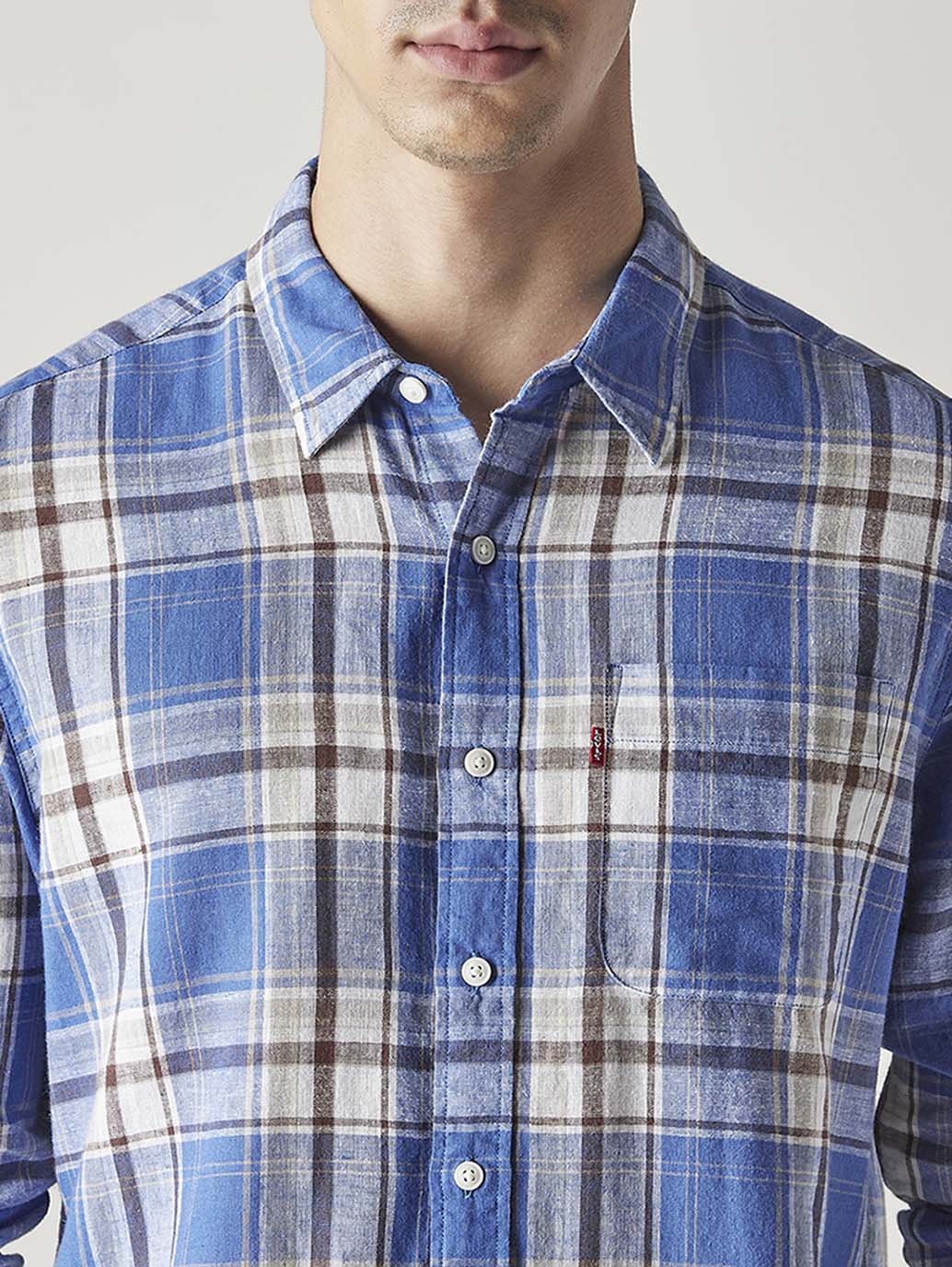 Men's Checkered Slim Fit Linen Shirt - Detail View
