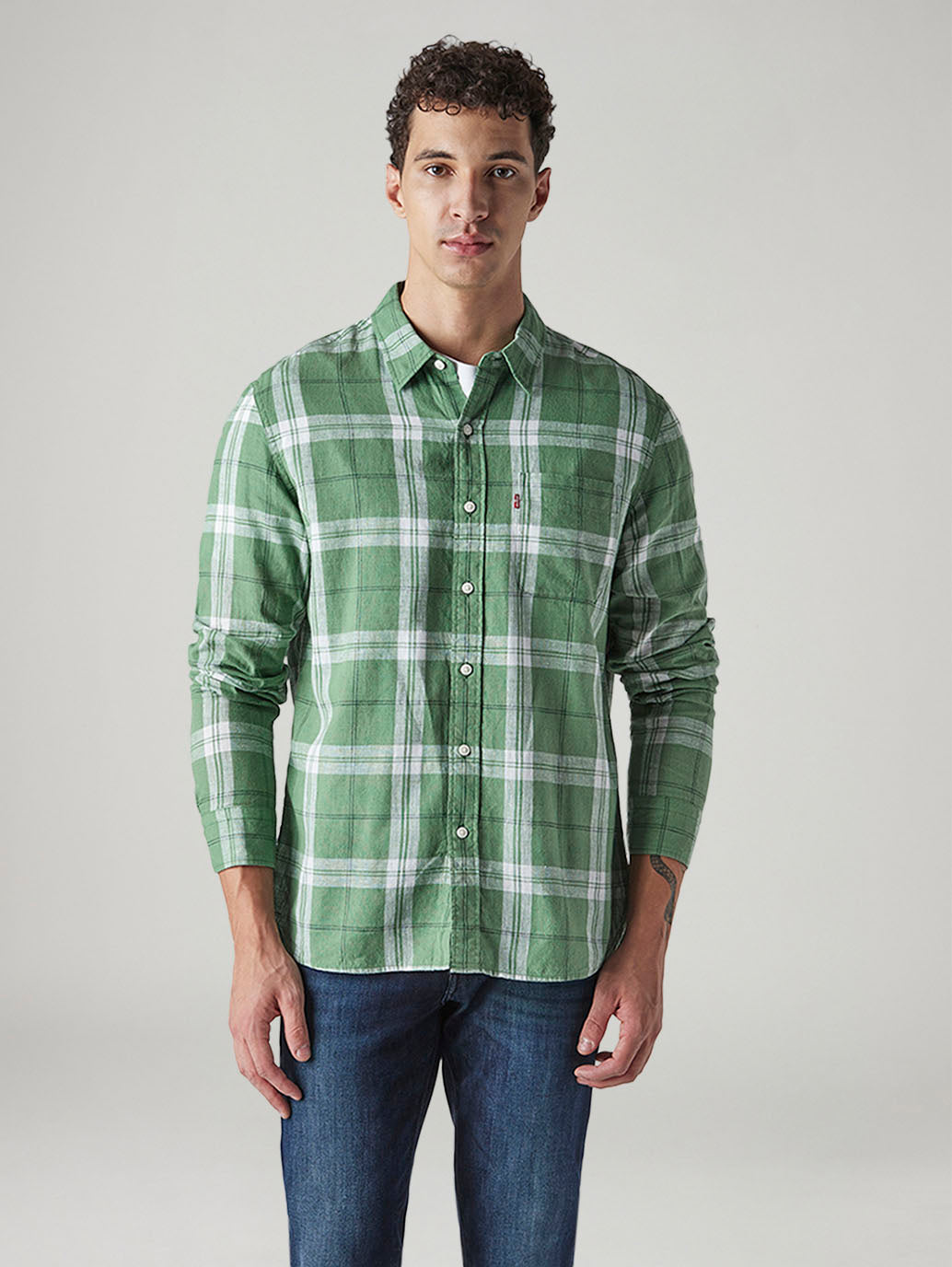 Men's Checkered Slim Fit Linen Shirt - Front View