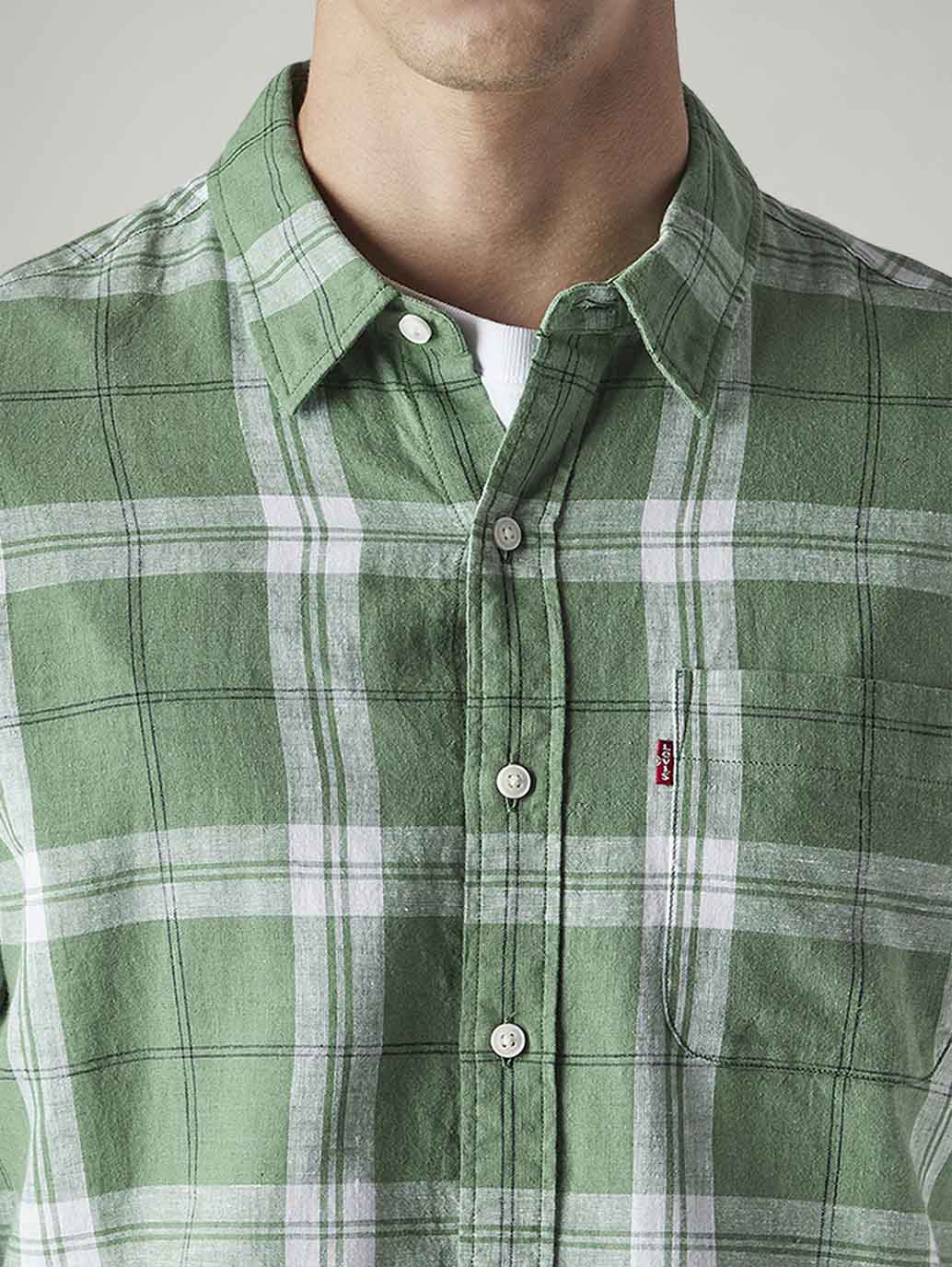 Men's Checkered Slim Fit Linen Shirt - Detail View